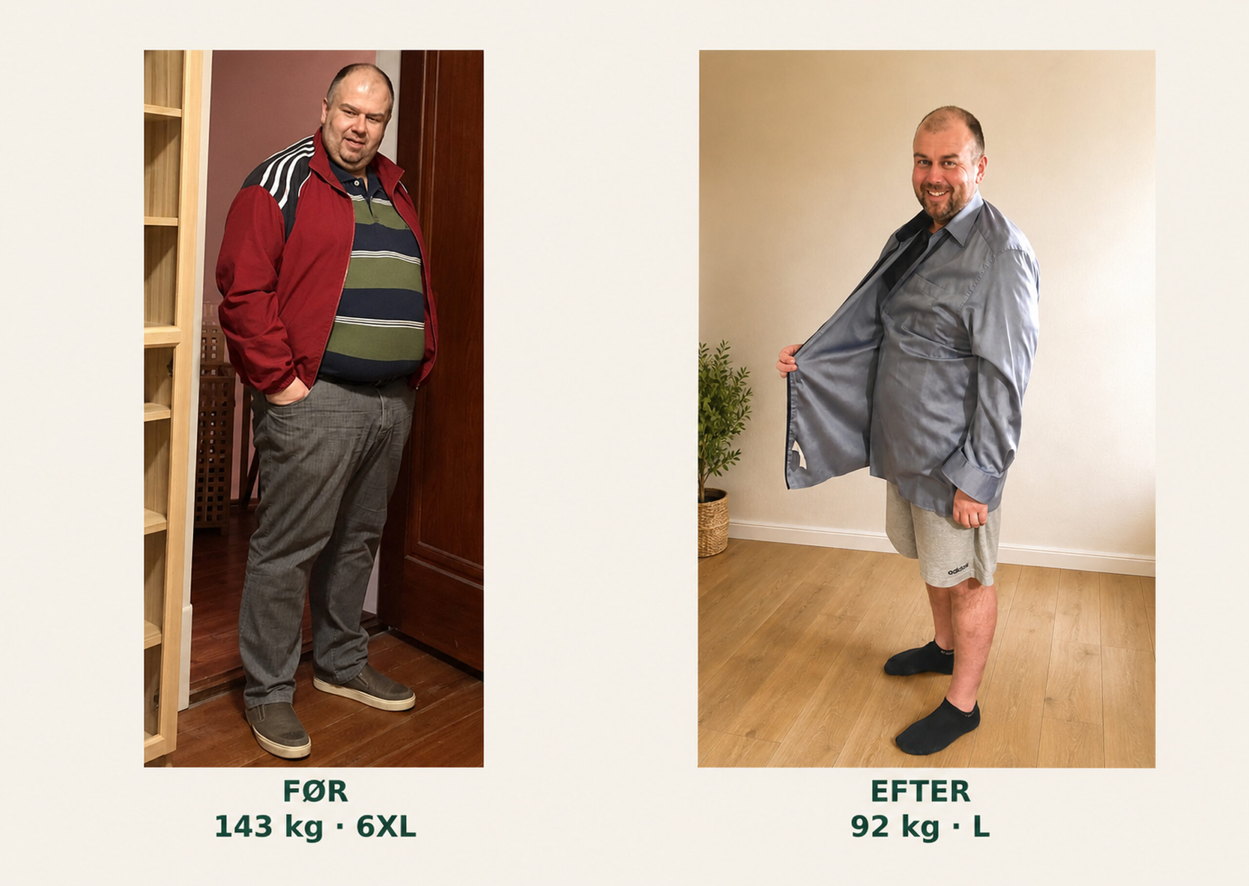 Lars før og efter et vægttab på 51 kg – fra 143 kg og størrelse 6XL til 92 kg og størrelse L