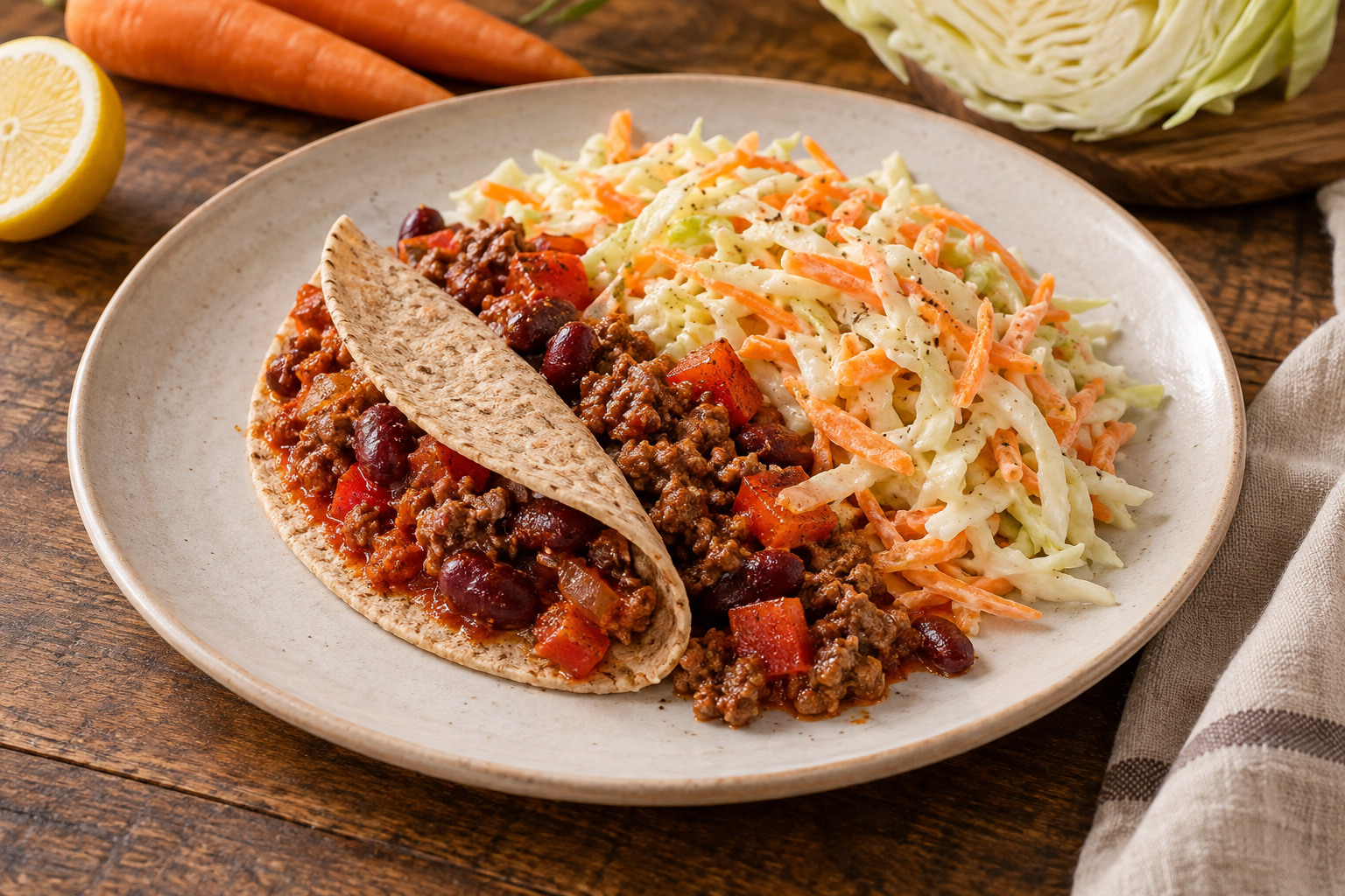 Oksetacos i fuldkornstortilla med kålsalat