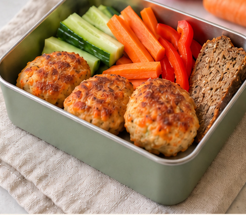 Madkassefavorit - kyllingefrikadeller med sprødt snackgrønt i en åben madkasse.