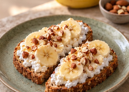 Lun toast med hytteost, banan og mandler