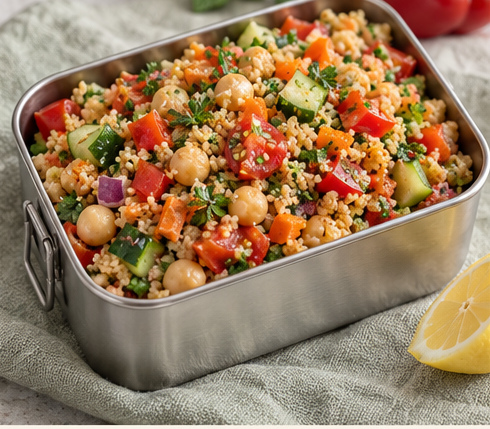 Middelhav i madkassen - couscous med kikærter og urter i en åben madkasse.