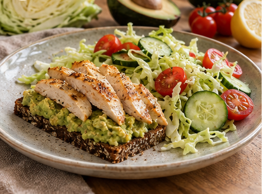 Rugbrød med kylling, avocado og kål