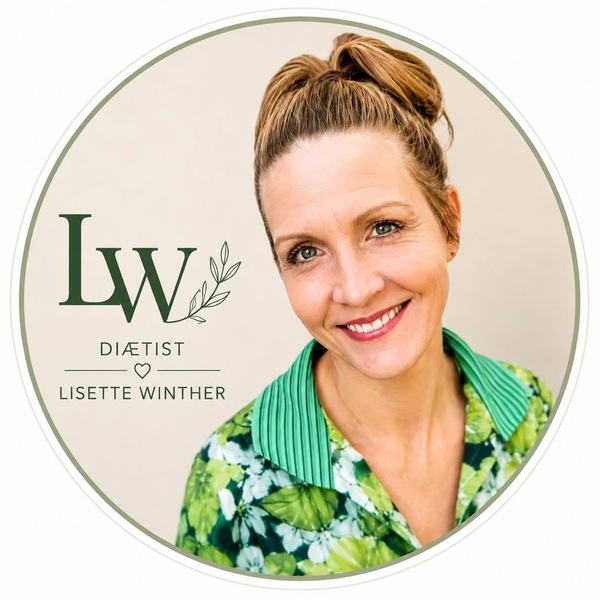 Diætist Lisette Winther med originalt portræt og LW-logo