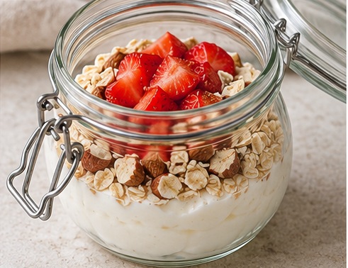 Skyr med jordbær, havregryn og hakkede mandler i et åbent patentglas.