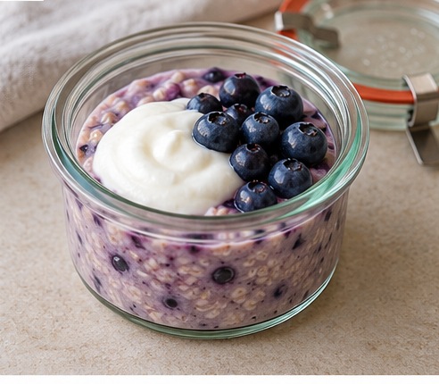 Blåbærgrød med skyr og blåbær i et åbent glas med låg.